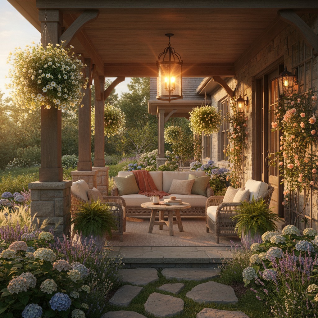 A cozy stone porch features wicker furniture, hanging flower baskets, and a glowing lantern at sunset.