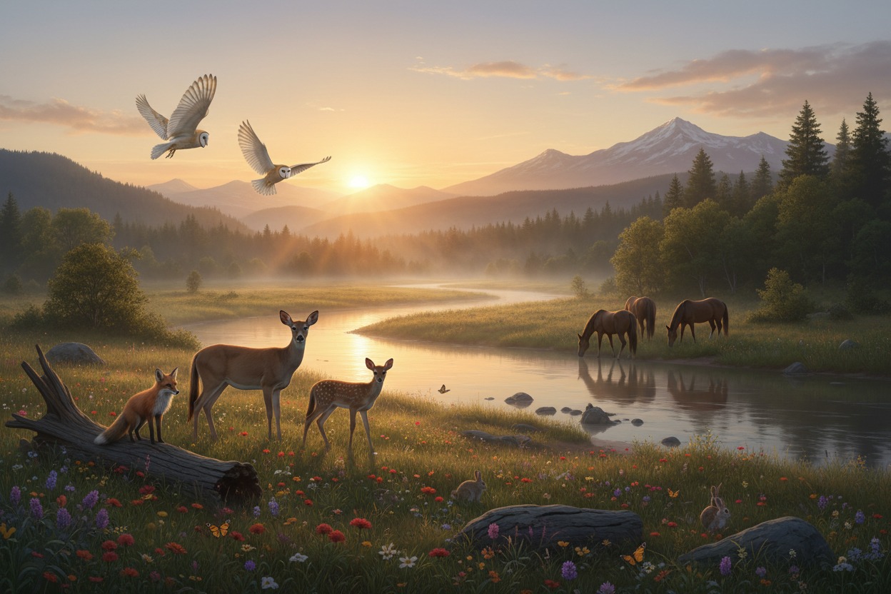 A variety of wildlife, including deer, a fox, and horses, gather in a lush meadow by a river at sunrise with mountains in the background.